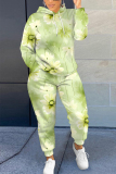 Light Yellow Floral Print Long Sleeve Hooded Sweatshirts and Drawstring Pants Two Pieces Sportwear Casual Sweatsuits Sets