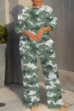 Green Brown Camouflage Print O Neck Long Sleeve Sweatshirt And Wide Leg Pants Casual Sportwear Two Pieces Jogger Sets