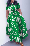 Green White Letter Print O Neck 3/4 Sleeve Belted Waist Casual Outing Plus Size Straight Baggy Maxi Dresses