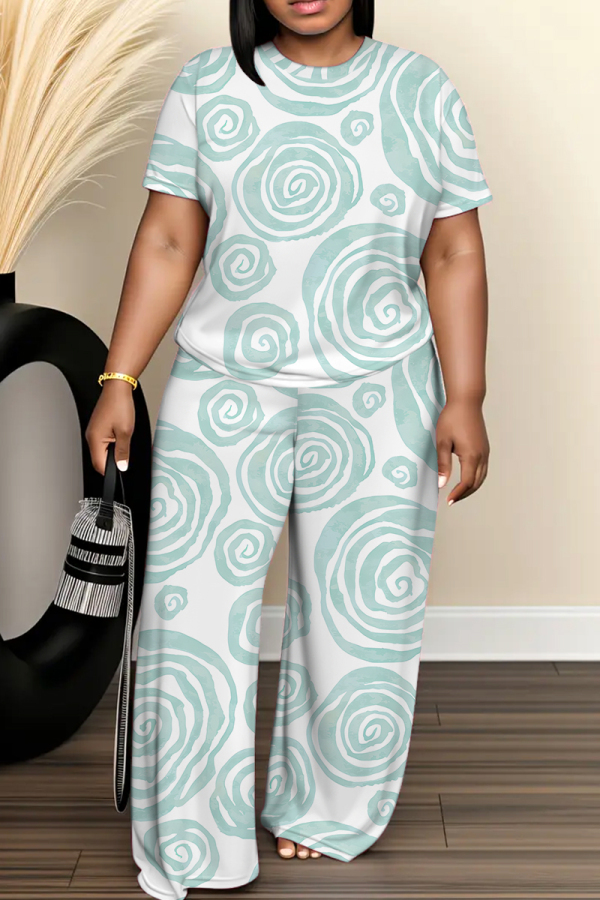 White Cyan Camouflage Print Round Neck Short Sleeve T-shirt And Wide Leg Pants Two Pieces Trouser Sets