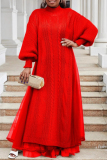 Red Cable Knit Turtleneck Balloon Sleeves Winter Long Sweater with Tulle Layered Hem Maxi Skirt Two Piece Dress Set