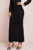 Black Plus Size High Waist Casual Side Buttons Maxi Skirts