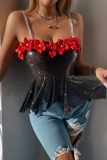 Black Flowers Decor Sleeveless Backless Spaghetti Strap Night Club Chains Cami Tops