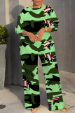 Green Brown Camouflage Print O Neck Long Sleeve Sweatshirt And Wide Leg Pants Casual Sportwear Two Pieces Jogger Sets