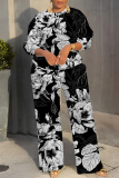 Pink Red Floral Print O Neck Long Sleeve Sweatshirt And Wide Leg Pants Casual Sportwear Two Pieces Jogger Sets