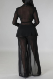 White V Neck Long Sleeve See-Through Belted Tops And Slit Mesh Pants Formal Evening Party Prom Two Pieces Trouser Sets
