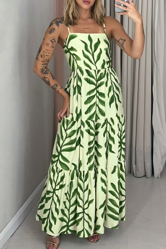 Green Leaf Print Sleeveless Backless Spaghetti Strap Ruffle Hem Vacation Casual Maxi Slip Dresses