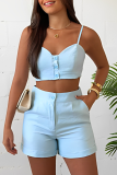 Blue Sleeveless Buttons Spaghetti Strap Cami Crop Tops And Shorts Two Pieces Shorts Sets