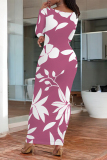 Blue Floral Print O Neck Long Sleeve Casual Outing Vacation Bodycon Maxi Dresses