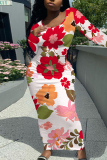 Blue Floral Print O Neck Long Sleeve Casual Outing Vacation Bodycon Maxi Dresses