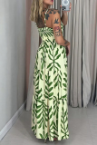Green Leaf Print Sleeveless Backless Spaghetti Strap Ruffle Hem Vacation Casual Maxi Slip Dresses