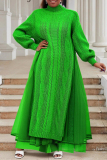 Red Cable Knit Turtleneck Balloon Sleeves Winter Long Sweater with Tulle Layered Hem Maxi Skirt Two Piece Dress Set