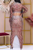 Brown Hot Drill O Neck Long Sleeve Crop Tops And Slit Maxi Skirt Formal Evening Party Prom Two Pieces Dress Sets