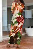 Dark Brown Floral Print O Neck Long Sleeve Casual Outing Vacation Bodycon Maxi Dresses