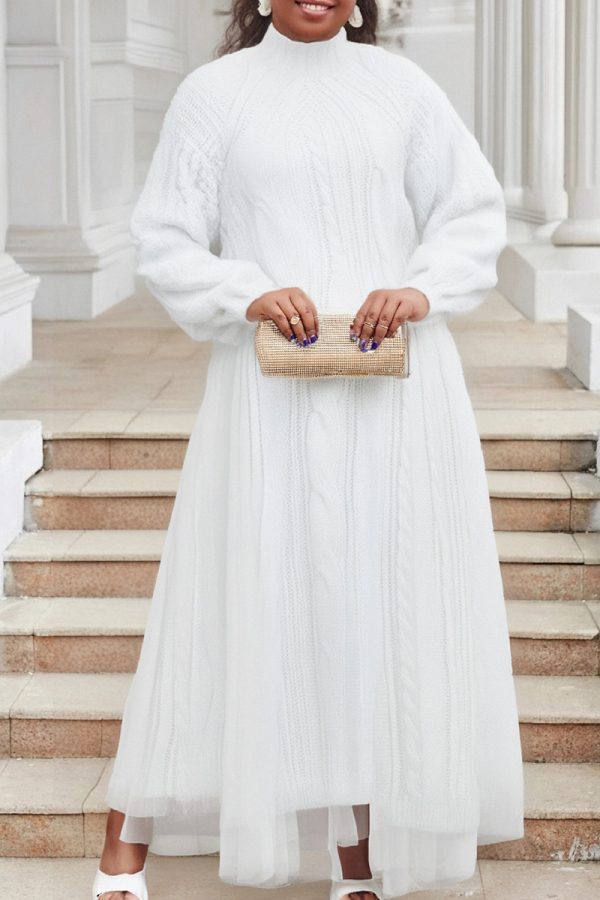 Red Cable Knit Turtleneck Balloon Sleeves Winter Long Sweater with Tulle Layered Hem Maxi Skirt Two Piece Dress Set