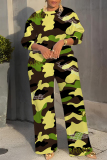 Green Brown Camouflage Print O Neck Long Sleeve Sweatshirt And Wide Leg Pants Casual Sportwear Two Pieces Jogger Sets