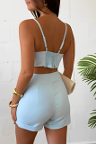 Blue Sleeveless Buttons Spaghetti Strap Cami Crop Tops And Shorts Two Pieces Shorts Sets