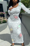 Light Blue Cartoon Print O Neck Long Sleeve Casual Outing Vacation Bodycon Maxi Dresses