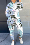 Light Pink Floral Print Long Sleeve Hooded Sweatshirts and Drawstring Pants Two Pieces Sportwear Casual Sweatsuits Sets