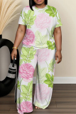 Light Green Floral Print Round Neck Short Sleeve T-shirt And Wide Leg Pants Two Pieces Trouser Sets