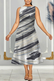 Gray Blue Floral Print Sleeveless O Neck Casual Vacation Pleated Midi Tank Dresses