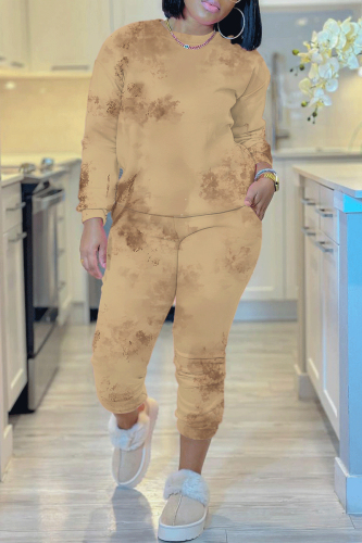 Earthy Yellow Ombre Print O Neck Long Sleeve Sweatshirt And Skinny Pants Casual Two Pieces Tracksuit Sweatpants Set