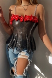 Black Flowers Decor Sleeveless Backless Spaghetti Strap Night Club Chains Cami Tops