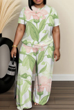 Light Green Floral Print Round Neck Short Sleeve T-shirt And Wide Leg Pants Two Pieces Trouser Sets