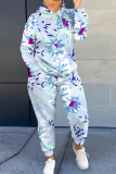 Light Yellow Floral Print Long Sleeve Hooded Sweatshirts and Drawstring Pants Two Pieces Sportwear Casual Sweatsuits Sets