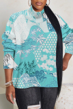 Light Green Floral Print Turtleneck Long Sleeve Casual Fall Winter Knitted Sweater Tops