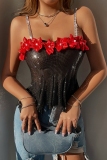 Black Flowers Decor Sleeveless Backless Spaghetti Strap Night Club Chains Cami Tops