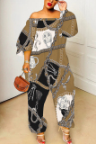 Multicolor Graphics Boho Print Off Shoulder Long Sleeve Vacation Casual Harem Leg Jumpsuits