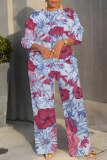 White Red Floral Print O Neck Long Sleeve Sweatshirt And Wide Leg Pants Casual Sportwear Two Pieces Jogger Sets