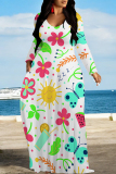 Orange Flowers Print O Neck Long Sleeve Pocket Floor Length Casual Maxi Dresses