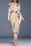 Blue Floral Print O Neck Long Sleeve Casual Outing Vacation Bodycon Maxi Dresses