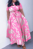 Green White Letter Print O Neck 3/4 Sleeve Belted Waist Casual Outing Plus Size Straight Baggy Maxi Dresses