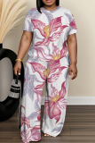 Light Green Floral Print Round Neck Short Sleeve T-shirt And Wide Leg Pants Two Pieces Trouser Sets