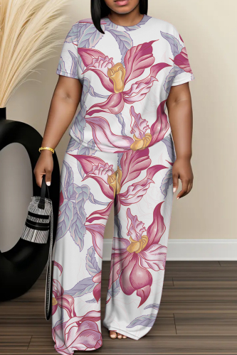 Light Green Floral Print Round Neck Short Sleeve T-shirt And Wide Leg Pants Two Pieces Trouser Sets