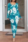 Blue Floral Print O Neck Long Sleeve Casual Outing Vacation Bodycon Maxi Dresses