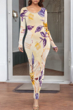 Blue Floral Print O Neck Long Sleeve Casual Outing Vacation Bodycon Maxi Dresses