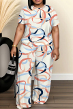 White Cyan Camouflage Print Round Neck Short Sleeve T-shirt And Wide Leg Pants Two Pieces Trouser Sets