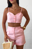 Blue Sleeveless Buttons Spaghetti Strap Cami Crop Tops And Shorts Two Pieces Shorts Sets