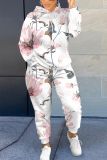 Light Pink Floral Print Long Sleeve Hooded Sweatshirts and Drawstring Pants Two Pieces Sportwear Casual Sweatsuits Sets