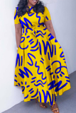 Green White Letter Print O Neck 3/4 Sleeve Belted Waist Casual Outing Plus Size Straight Baggy Maxi Dresses