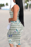 Blue Pink Stripe Graffiti Print U Neck Sleeveless Vacation Casual Bodycon Midi Tank Dress