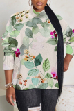 Light Green Floral Print Turtleneck Long Sleeve Casual Fall Winter Knitted Sweater Tops
