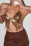 Glod Leopard Backless Sleeveless Fringed Trim Nightclub Chains Halter Crop Tops