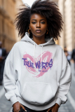White Pink Letter Love Print Long Sleeve Draw String Pocket Casual Fall Winter Hooded Sweatshirt