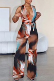 Multicolor Ombre Print Sleeveless Backless Belted Spaghetti Strap Bodycon Halter Jumpsuits