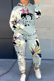 Light Pink Floral Print Long Sleeve Hooded Sweatshirts and Drawstring Pants Two Pieces Sportwear Casual Sweatsuits Sets